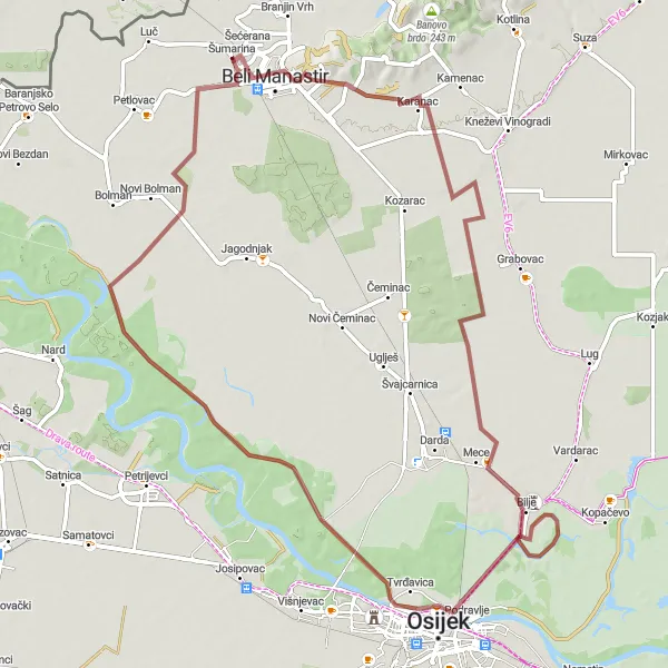 Map miniature of "Countryside Gravel Loop" cycling inspiration in Panonska Hrvatska, Croatia. Generated by Tarmacs.app cycling route planner