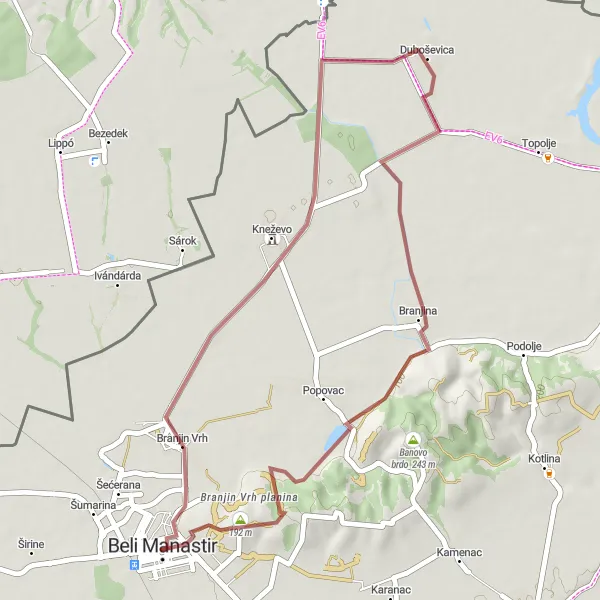 Map miniature of "Duboševica and Beli Manastir Planina Gravel Circuit" cycling inspiration in Panonska Hrvatska, Croatia. Generated by Tarmacs.app cycling route planner