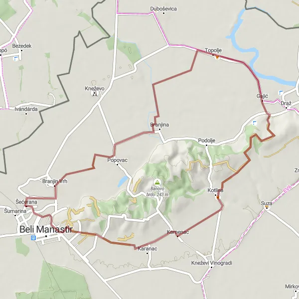 Map miniature of "Branjin Vrh and Lipovo brdo Gravel Loop" cycling inspiration in Panonska Hrvatska, Croatia. Generated by Tarmacs.app cycling route planner