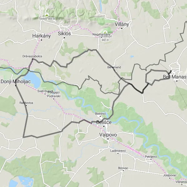 Map miniature of "Road Cycling Adventure in Eastern Croatia" cycling inspiration in Panonska Hrvatska, Croatia. Generated by Tarmacs.app cycling route planner