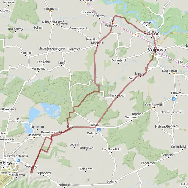 Map miniature of "The Koška Loop" cycling inspiration in Panonska Hrvatska, Croatia. Generated by Tarmacs.app cycling route planner