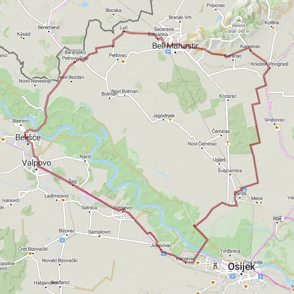 Map miniature of "Journey through Baranja" cycling inspiration in Panonska Hrvatska, Croatia. Generated by Tarmacs.app cycling route planner