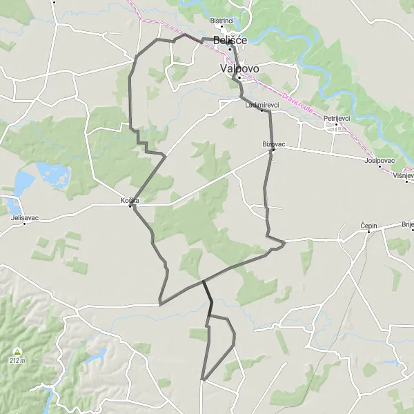 Map miniature of "Rural Countryside Tour" cycling inspiration in Panonska Hrvatska, Croatia. Generated by Tarmacs.app cycling route planner
