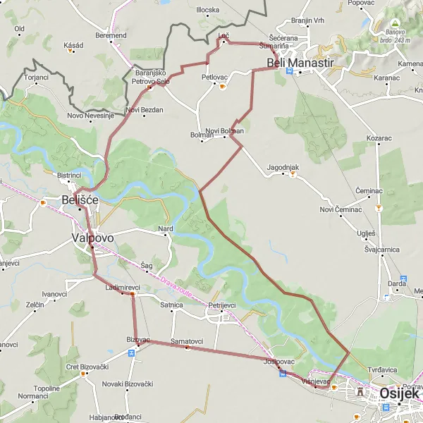 Map miniature of "Bizovac Gravel Adventure" cycling inspiration in Panonska Hrvatska, Croatia. Generated by Tarmacs.app cycling route planner