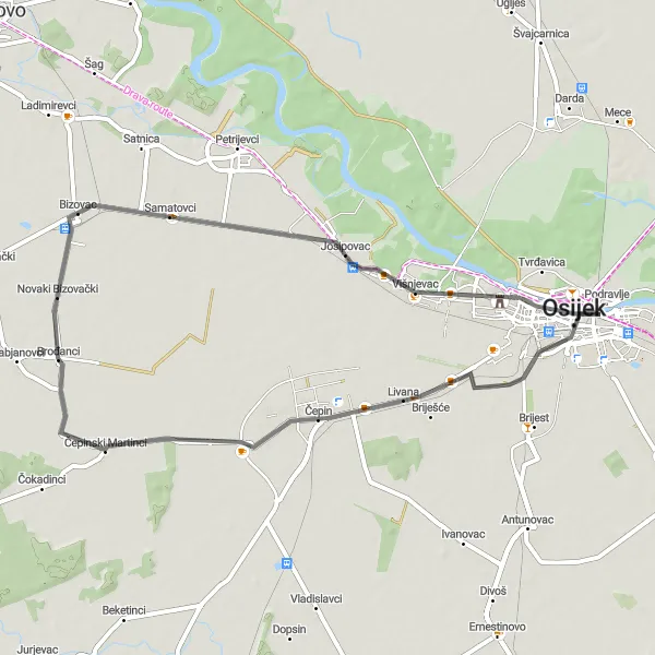 Map miniature of "Bizovac to Osijek Loop" cycling inspiration in Panonska Hrvatska, Croatia. Generated by Tarmacs.app cycling route planner