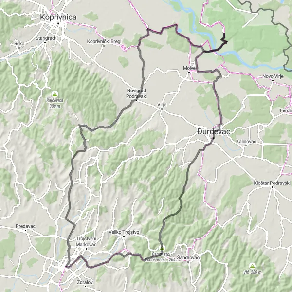 Map miniature of "Bjelovar to Repaš and Đurđevac" cycling inspiration in Panonska Hrvatska, Croatia. Generated by Tarmacs.app cycling route planner