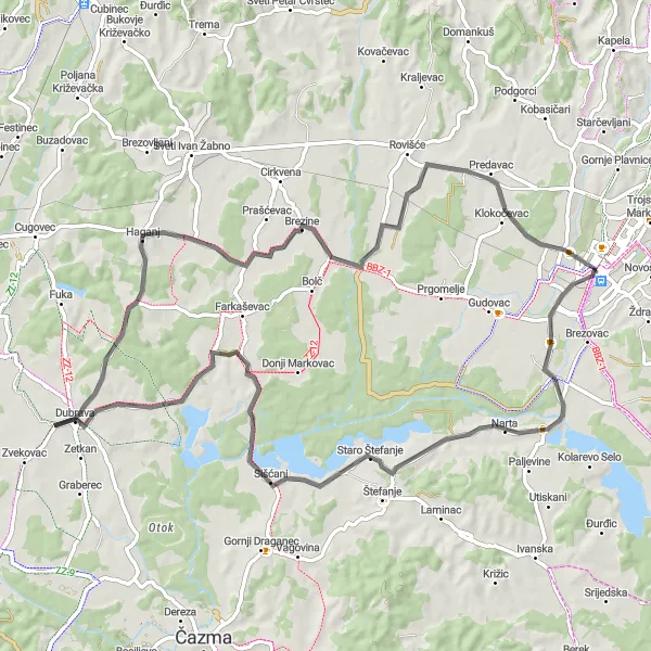 Map miniature of "Bjelovar to Velike Sredice and Predavac" cycling inspiration in Panonska Hrvatska, Croatia. Generated by Tarmacs.app cycling route planner
