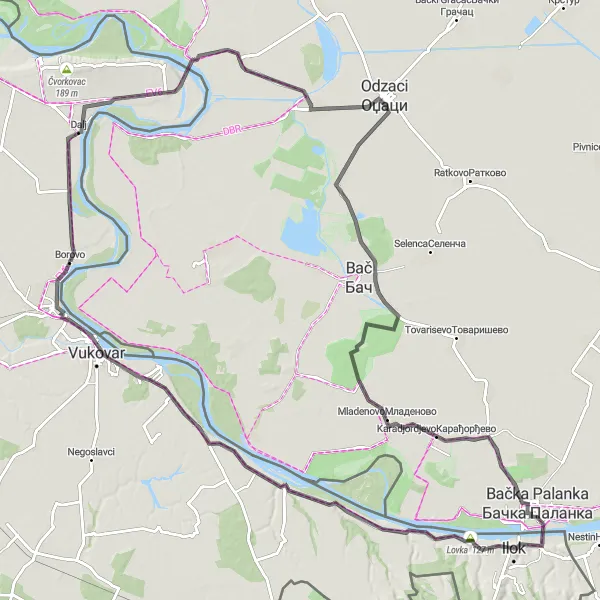 Map miniature of "Road to Ilok" cycling inspiration in Panonska Hrvatska, Croatia. Generated by Tarmacs.app cycling route planner