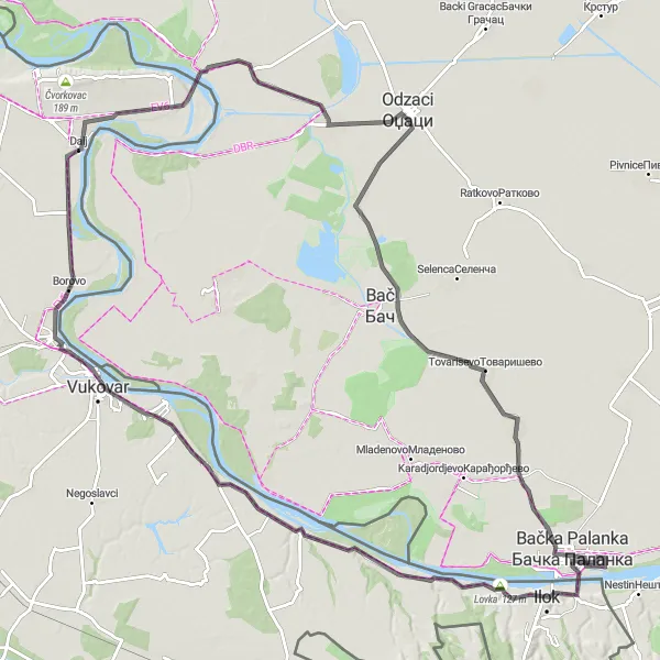 Map miniature of "Exploring the Vukovar Sedlanički Region" cycling inspiration in Panonska Hrvatska, Croatia. Generated by Tarmacs.app cycling route planner