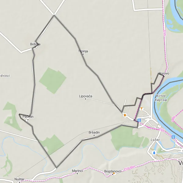 Map miniature of "Rural Exploration of Borovo Region" cycling inspiration in Panonska Hrvatska, Croatia. Generated by Tarmacs.app cycling route planner