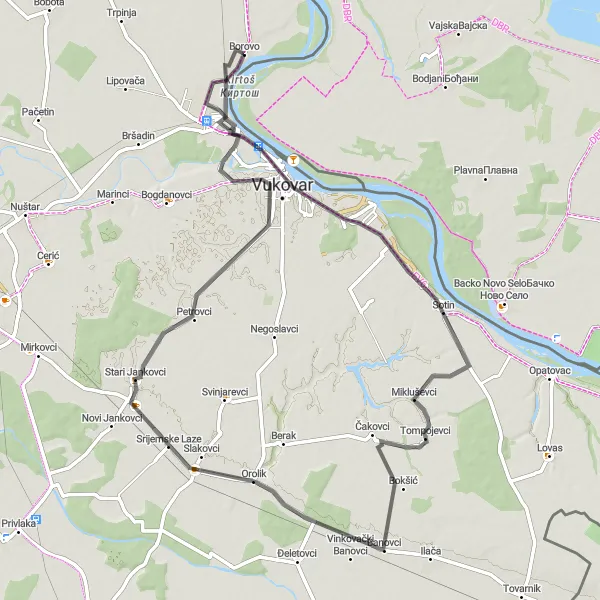 Map miniature of "Borovo Industry and Manor Route" cycling inspiration in Panonska Hrvatska, Croatia. Generated by Tarmacs.app cycling route planner