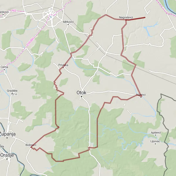 Map miniature of "The Gravel Adventure" cycling inspiration in Panonska Hrvatska, Croatia. Generated by Tarmacs.app cycling route planner