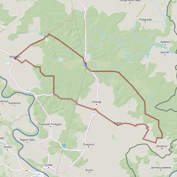 Map miniature of "The Scenic Gravel Loop" cycling inspiration in Panonska Hrvatska, Croatia. Generated by Tarmacs.app cycling route planner