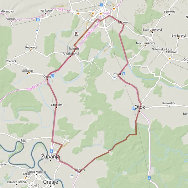 Map miniature of "Exploring Gravel Paths near Bošnjaci" cycling inspiration in Panonska Hrvatska, Croatia. Generated by Tarmacs.app cycling route planner