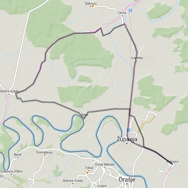 Map miniature of "Scenic Roadways to Bošnjaci" cycling inspiration in Panonska Hrvatska, Croatia. Generated by Tarmacs.app cycling route planner