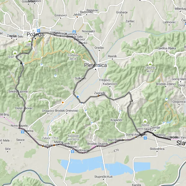 Map miniature of "Gornji Andrijevci - Nova Kapela - Gradski Vrhovci - Grad - Poloje - Ključar" cycling inspiration in Panonska Hrvatska, Croatia. Generated by Tarmacs.app cycling route planner