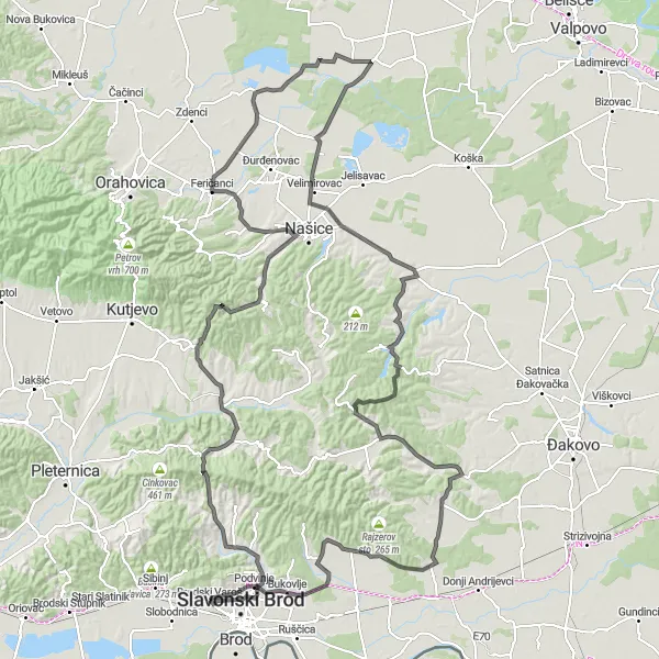 Map miniature of "Podvinje - Lasac - Feričanci - Klokočevik - Bukovlje" cycling inspiration in Panonska Hrvatska, Croatia. Generated by Tarmacs.app cycling route planner