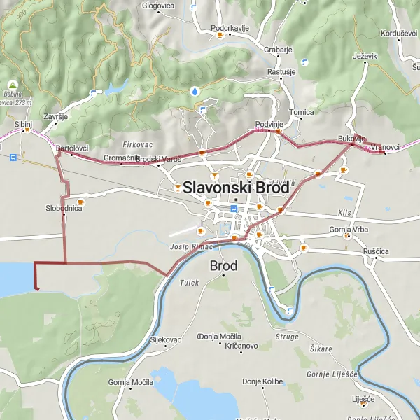 Map miniature of "Hidden Countryside Gems" cycling inspiration in Panonska Hrvatska, Croatia. Generated by Tarmacs.app cycling route planner