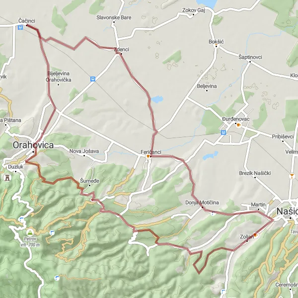 Map miniature of "Čačinci to Čačinci Gravel Route" cycling inspiration in Panonska Hrvatska, Croatia. Generated by Tarmacs.app cycling route planner