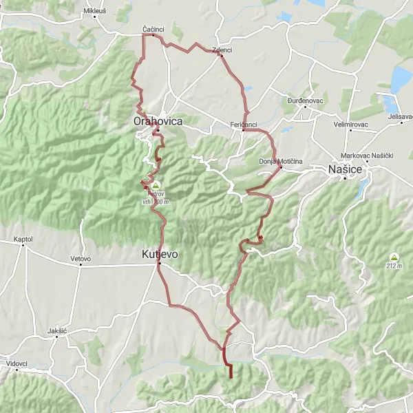 Map miniature of "Čačinci to Donja Pištana Gravel Route" cycling inspiration in Panonska Hrvatska, Croatia. Generated by Tarmacs.app cycling route planner