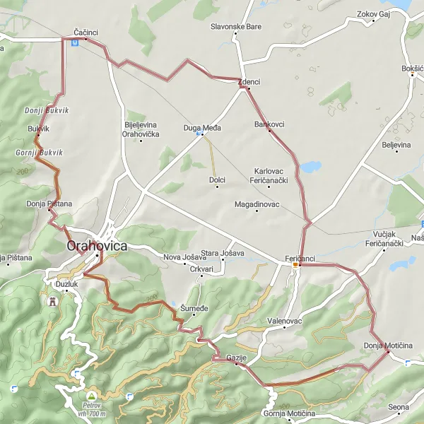 Map miniature of "Gravel Adventure: Čačinci to Orahovica" cycling inspiration in Panonska Hrvatska, Croatia. Generated by Tarmacs.app cycling route planner