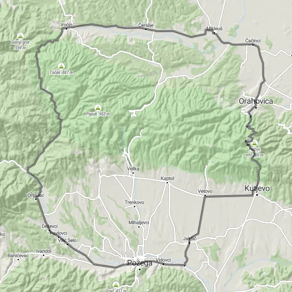 Map miniature of "Orahovica Circuit" cycling inspiration in Panonska Hrvatska, Croatia. Generated by Tarmacs.app cycling route planner