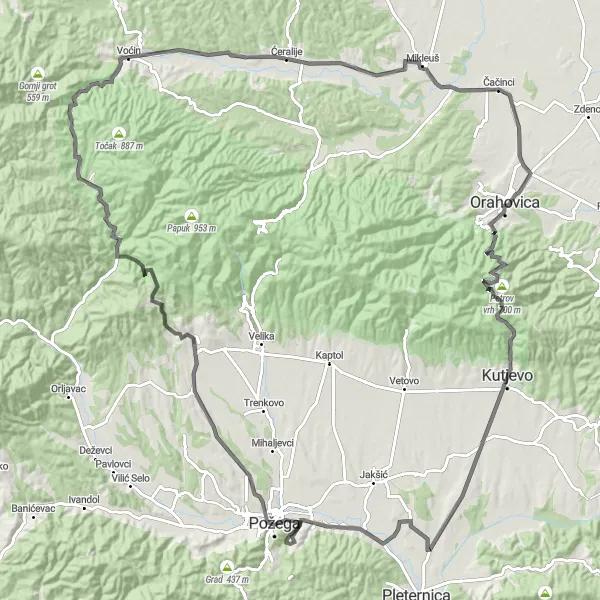 Map miniature of "Čačinci to Ćeralije Road Route" cycling inspiration in Panonska Hrvatska, Croatia. Generated by Tarmacs.app cycling route planner