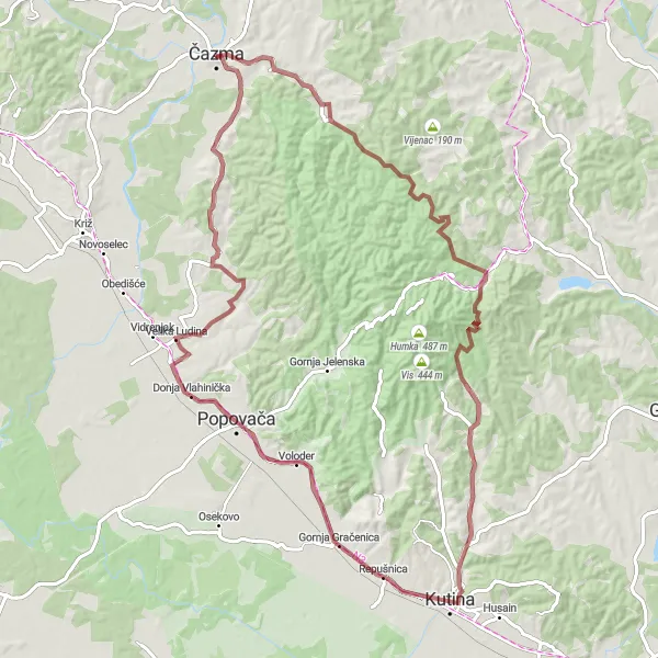 Map miniature of "Čazma - Visoko brdo - Kutina - Velika Ludina - Vidrenjski brijeg - Pobjenik" cycling inspiration in Panonska Hrvatska, Croatia. Generated by Tarmacs.app cycling route planner