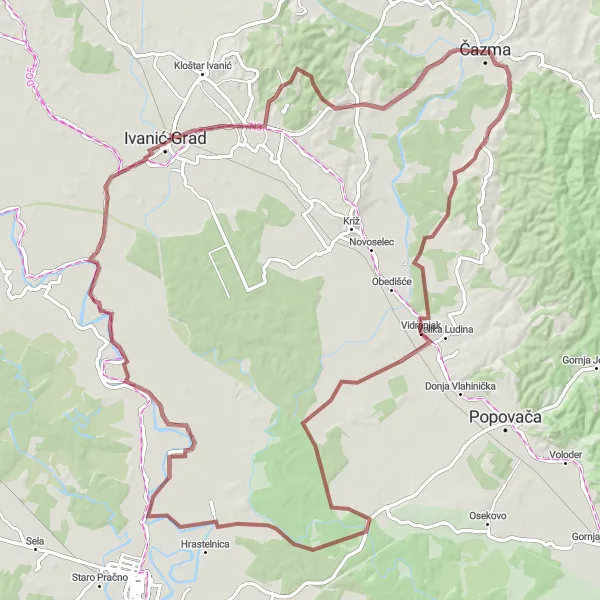 Map miniature of "Čazma - Pobjenik - Vidrenjski brijeg - Palanjek - Đurino brdo" cycling inspiration in Panonska Hrvatska, Croatia. Generated by Tarmacs.app cycling route planner