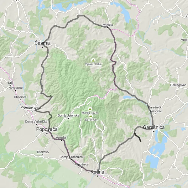 Map miniature of "Čazma - Ivanska - Repušnica - Pobjenik" cycling inspiration in Panonska Hrvatska, Croatia. Generated by Tarmacs.app cycling route planner