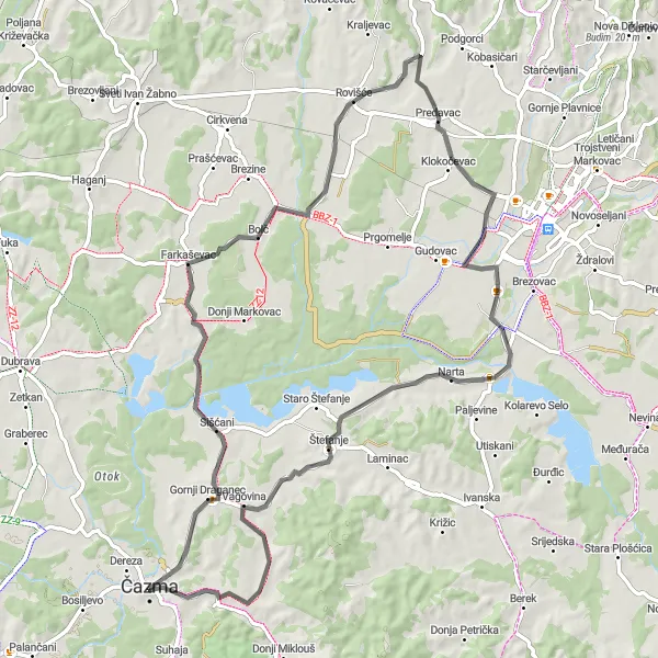 Map miniature of "Scenic Bicycle Tour of Čazma" cycling inspiration in Panonska Hrvatska, Croatia. Generated by Tarmacs.app cycling route planner