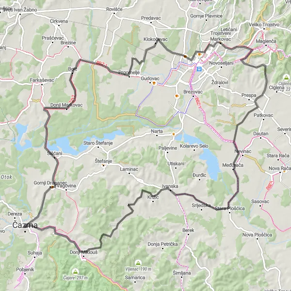 Map miniature of "Čazma - Stari breg - Nevinac - Ivanska - Grabovnica" cycling inspiration in Panonska Hrvatska, Croatia. Generated by Tarmacs.app cycling route planner
