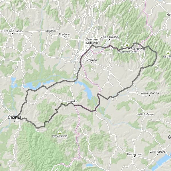 Map miniature of "Čazma - Maglenča - Kamenitovac - Vis - Ribnjačka - Nova Rača - Ivanska - Visoko brdo - Grabovnica" cycling inspiration in Panonska Hrvatska, Croatia. Generated by Tarmacs.app cycling route planner