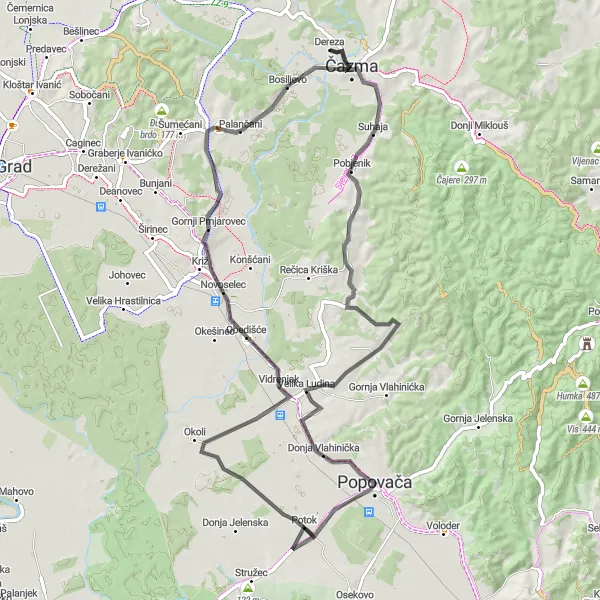 Map miniature of "Rural Cycling Escape from Čazma" cycling inspiration in Panonska Hrvatska, Croatia. Generated by Tarmacs.app cycling route planner