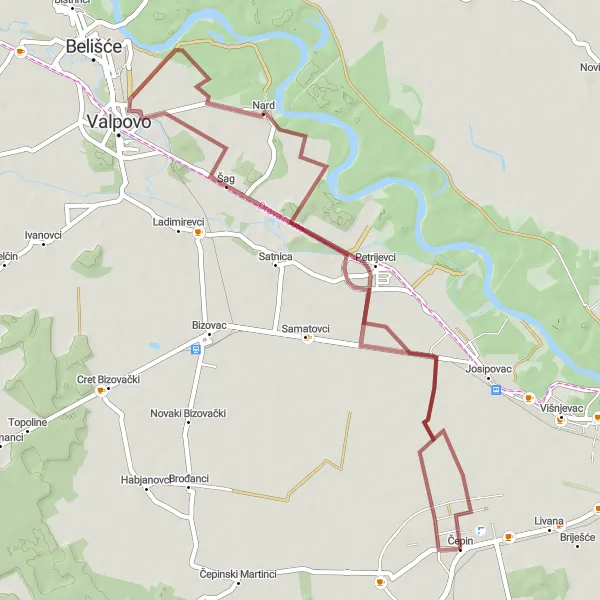 Map miniature of "Charming Villages" cycling inspiration in Panonska Hrvatska, Croatia. Generated by Tarmacs.app cycling route planner