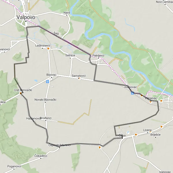 Map miniature of "Scenic ride to Šag" cycling inspiration in Panonska Hrvatska, Croatia. Generated by Tarmacs.app cycling route planner