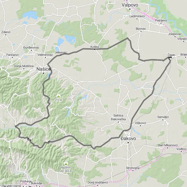 Map miniature of "Vuka loop" cycling inspiration in Panonska Hrvatska, Croatia. Generated by Tarmacs.app cycling route planner