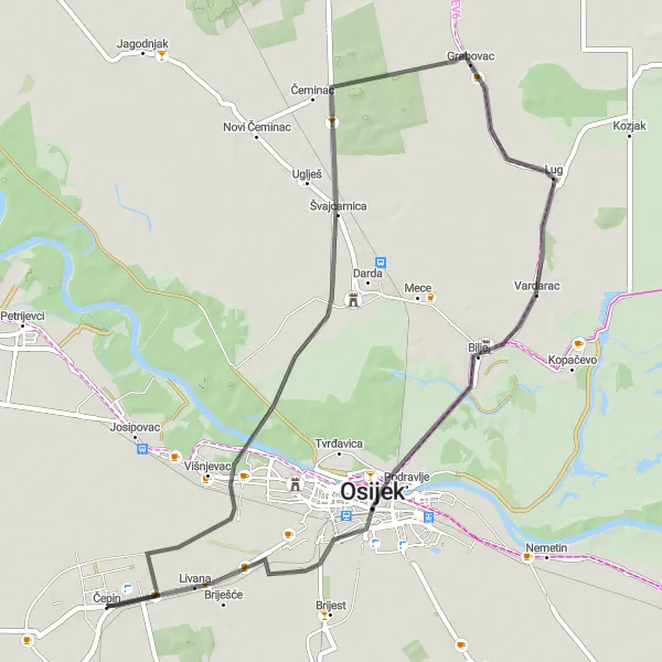 Map miniature of "Through Osijek" cycling inspiration in Panonska Hrvatska, Croatia. Generated by Tarmacs.app cycling route planner