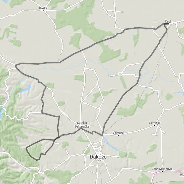 Map miniature of "Scenic Countryside" cycling inspiration in Panonska Hrvatska, Croatia. Generated by Tarmacs.app cycling route planner