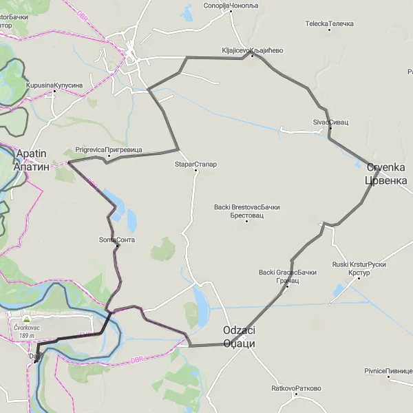 Map miniature of "Cycling through the Backa region" cycling inspiration in Panonska Hrvatska, Croatia. Generated by Tarmacs.app cycling route planner