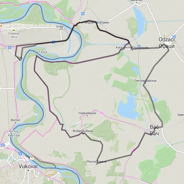 Map miniature of "A journey through history and nature" cycling inspiration in Panonska Hrvatska, Croatia. Generated by Tarmacs.app cycling route planner