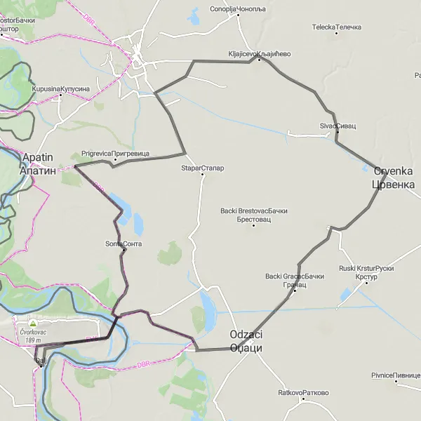 Map miniature of "Exploring the Danube River" cycling inspiration in Panonska Hrvatska, Croatia. Generated by Tarmacs.app cycling route planner