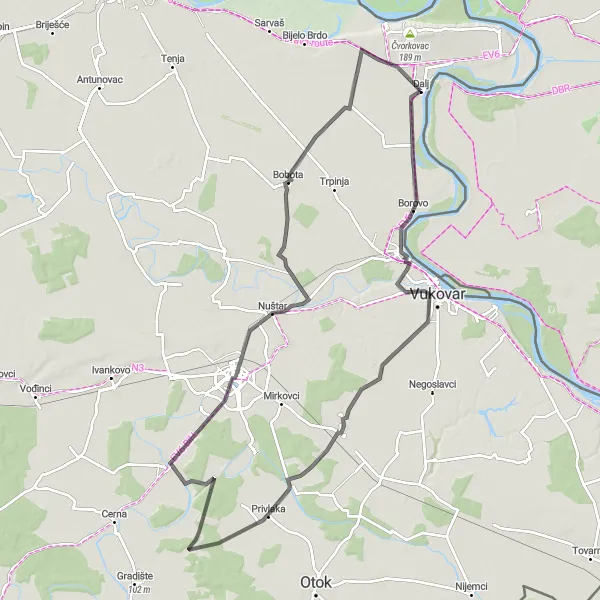 Map miniature of "The Ultimate Dalj Challenge" cycling inspiration in Panonska Hrvatska, Croatia. Generated by Tarmacs.app cycling route planner