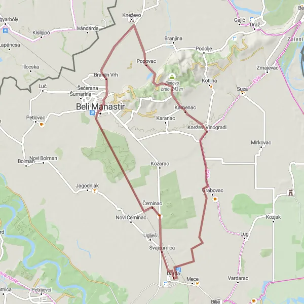 Map miniature of "Gravel Cycling Route 2" cycling inspiration in Panonska Hrvatska, Croatia. Generated by Tarmacs.app cycling route planner