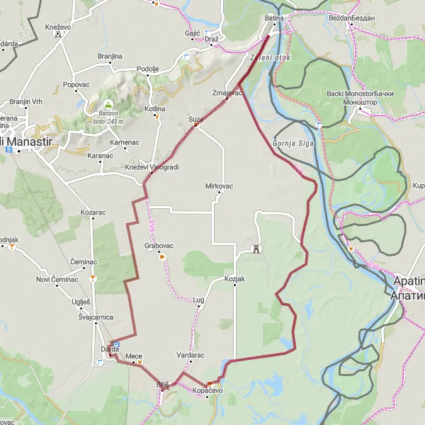 Map miniature of "Zmajevac and Bilje Gravel Ride" cycling inspiration in Panonska Hrvatska, Croatia. Generated by Tarmacs.app cycling route planner