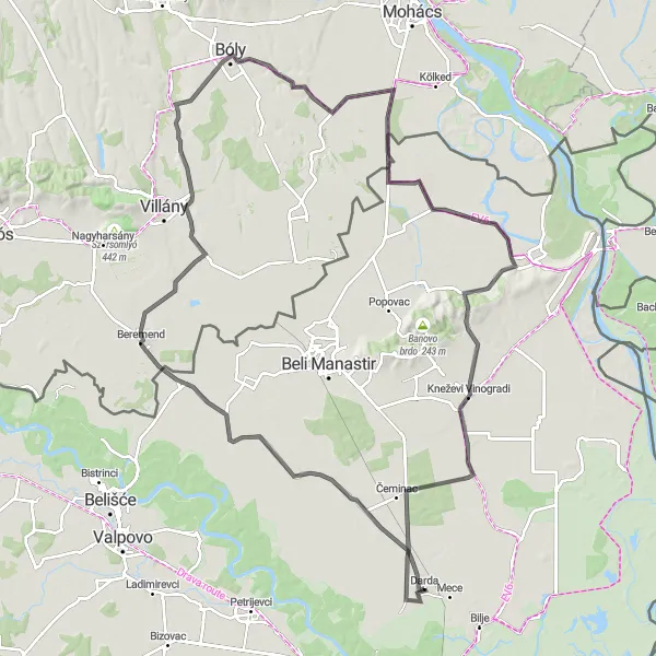 Map miniature of "Jagodnjak to Kneževi Vinogradi" cycling inspiration in Panonska Hrvatska, Croatia. Generated by Tarmacs.app cycling route planner