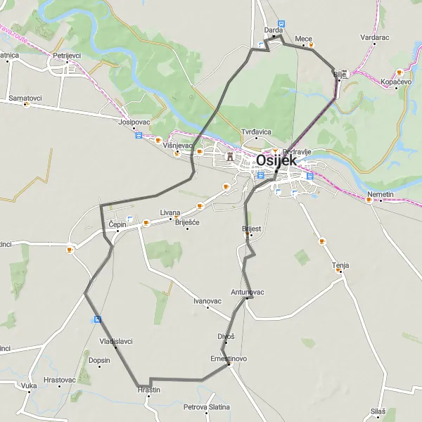 Map miniature of "Osijek to Darda Loop" cycling inspiration in Panonska Hrvatska, Croatia. Generated by Tarmacs.app cycling route planner