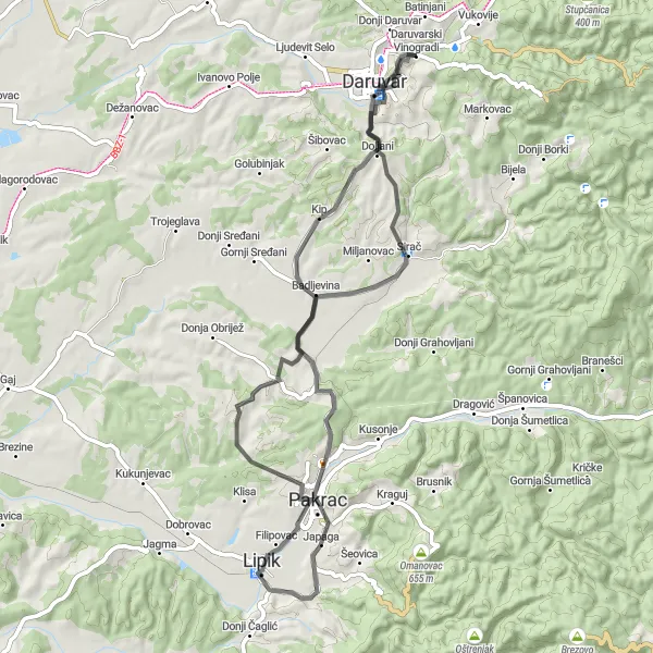 Map miniature of "Sirač Adventure" cycling inspiration in Panonska Hrvatska, Croatia. Generated by Tarmacs.app cycling route planner