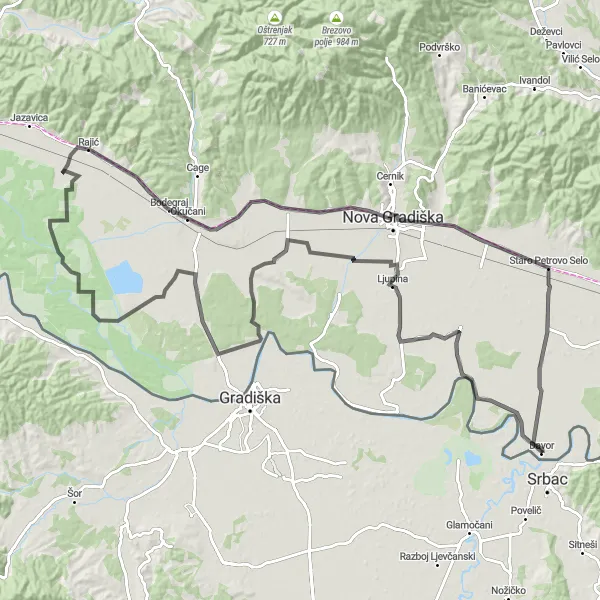 Map miniature of "Exploring the Countryside" cycling inspiration in Panonska Hrvatska, Croatia. Generated by Tarmacs.app cycling route planner