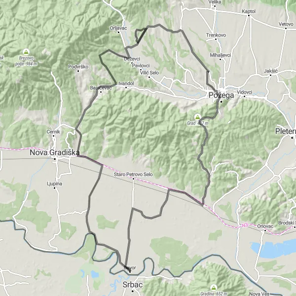 Map miniature of "Challenging Orubica Climb" cycling inspiration in Panonska Hrvatska, Croatia. Generated by Tarmacs.app cycling route planner